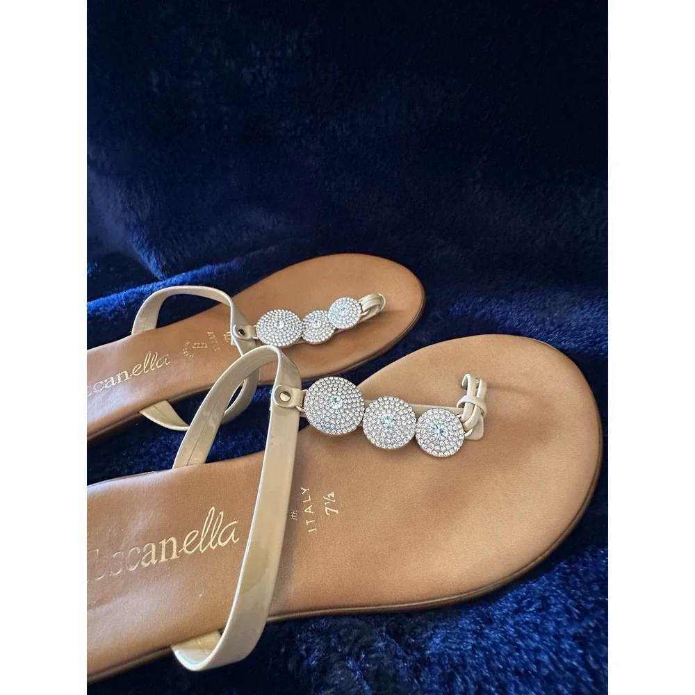 Toscanella Sandals Womens Size 7.5 Beige Rhinestone Discs Thong Made In Italy - Picture 2 of 6